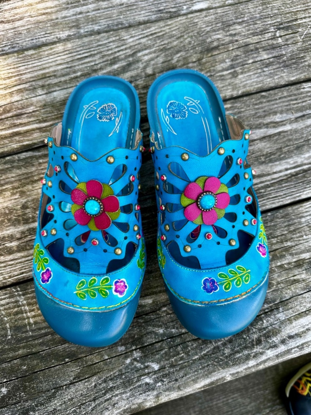 Beautiful Turquoise Floral Painted Applique Cutout Leather Sandal/Clogs
